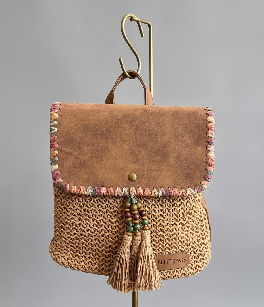 🎒 Zaino Intrecciato Boho Chic con Tracolla – Eleganza Artigianale e Stile Unico